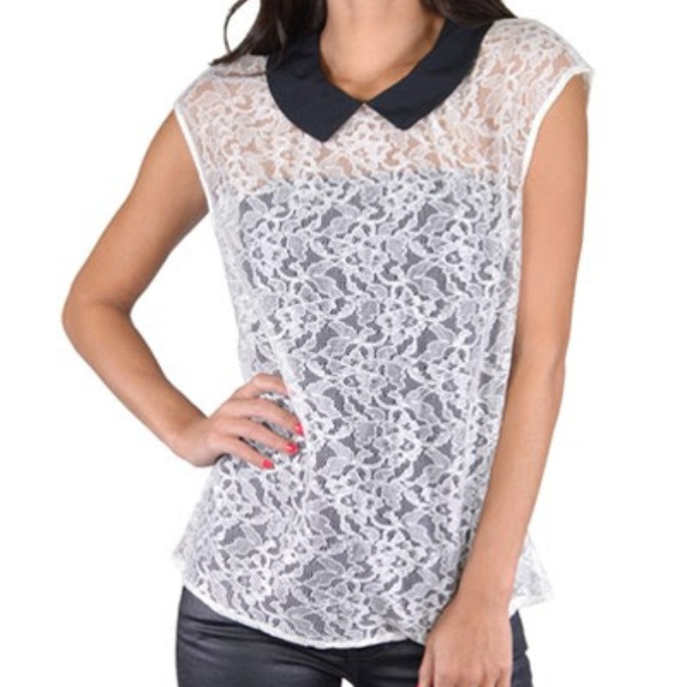 Ladies Black and White Lace Shirt w/ Collar XS